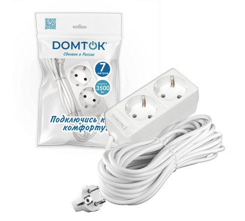 Удлинитель 2х7м с заземл. 16А IP20 3.5кВт ПВС 3х1 бел. DOMTOK 2388