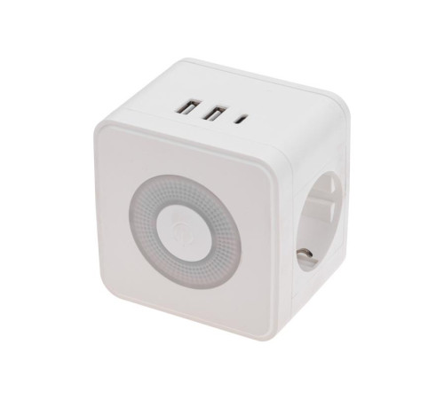 Двойник электрический Куб 16А с/з+2хUSB-A 2.4А+USB Type-C 3А с ночной подсветкой бел. Rexant 11-1251