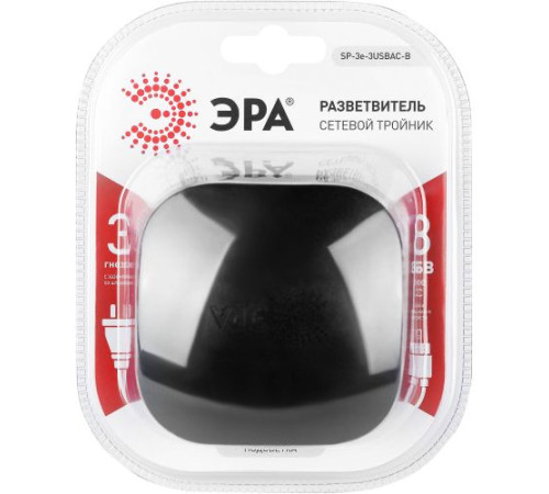 Разветвитель 3-м SP-3e-3USBAC-B + 3 USB A+C с заземл. со шторками 16А чер. Эра Б0069082