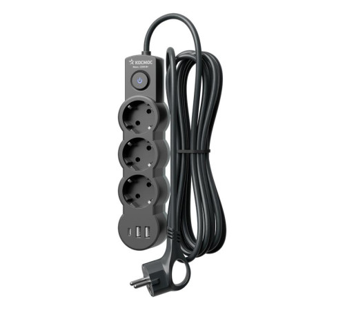 Удлинитель 3х1.5м с заземл. 10А IP20 USB 2800Вт 220В ПВС 3х1 с выкл. черн. КОСМОС YKsm1.5m3g-Z-VU10А-B
