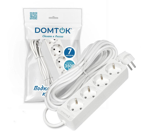 Удлинитель 4х7м с заземл. 16А IP20 3.5кВт ПВС 3х1 бел. DOMTOK 2398