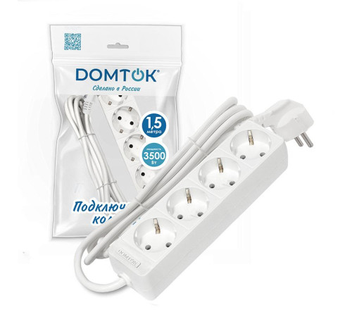 Удлинитель 4х1.5м с заземл. 16А IP20 3.5кВт ПВС 3х1 бел. DOMTOK 2394