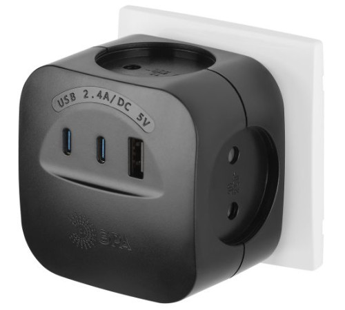 Разветвитель 4-м SP-4-3USBAC-B + 3 USB A+C со шторками 10А чер. Эра Б0069084