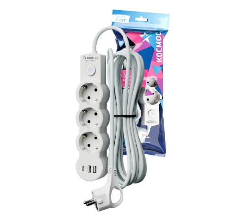 Удлинитель 3х5м с заземл. 10А IP20 USB 2800Вт 220В ПВС 3х1 с выкл. бел. КОСМОС YKsm5m3g-Z-VU10А-W
