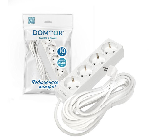Удлинитель 4х10м с заземл. 16А IP20 3.5кВт ПВС 3х1 бел. DOMTOK 2395