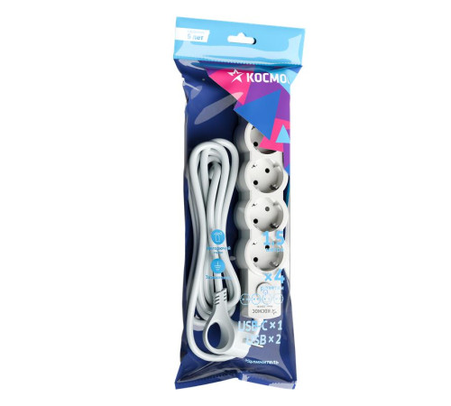 Удлинитель 3х1.5м с заземл. 10А IP20 USB 2500Вт 220В ПВС 3х1 с выкл. бел. КОСМОС YKsm1.5m4g-Z-VU10А-W