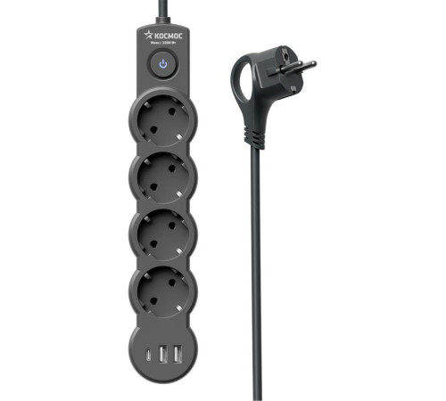Удлинитель 3х3м с заземл. 10А IP20 USB 2500Вт 220В ПВС 3х1 с выкл. черн. КОСМОС YKsm3m4g-Z-VU10А-B