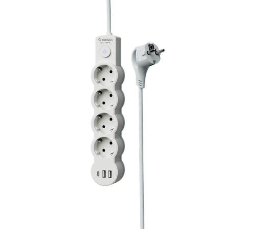 Удлинитель 3х3м с заземл. 10А IP20 USB 2500Вт 220В ПВС 3х1 с выкл. бел. КОСМОС YKsm3m4g-Z-VU10А-W