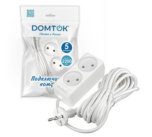 Удлинитель 2х5м без заземл. 10А IP20 2.2кВт ПВС 2х1 бел. DOMTOK 2347