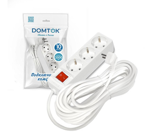 Удлинитель 3х10м с заземл. 16А IP20 3.5кВт ПВС 3х1 с выкл. бел. DOMTOK 2380