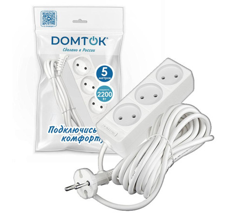 Удлинитель 3х5м без заземл. 10А IP20 2.2кВт ПВС 2х0.75 бел. DOMTOK 2372