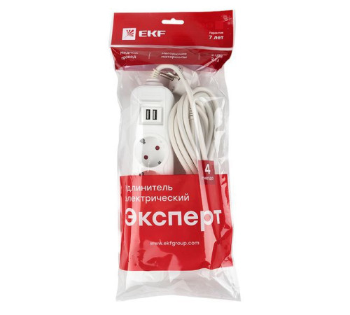 Удлинитель 4х3м 16А IP20 Эксперт 3.5кВт 2хUSB 2.1А ПВС 3х1 PROxima EKF UBA16-2USB-4-03i