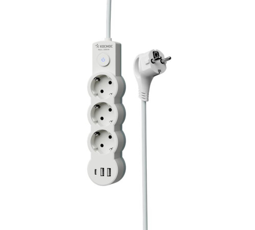 Удлинитель 3х5м с заземл. 10А IP20 USB 2800Вт 220В ПВС 3х1 с выкл. бел. КОСМОС YKsm5m3g-Z-VU10А-W