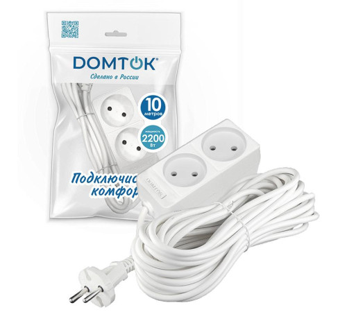 Удлинитель 2х10м без заземл. 10А IP20 2.2кВт ПВС 2х1 бел. DOMTOK 2345