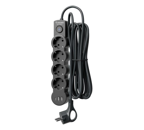 Удлинитель 3х5м с заземл. 10А IP20 USB 2500Вт 220В ПВС 3х1 с выкл. черн. КОСМОС YKsm5m4g-Z-VU10А-B