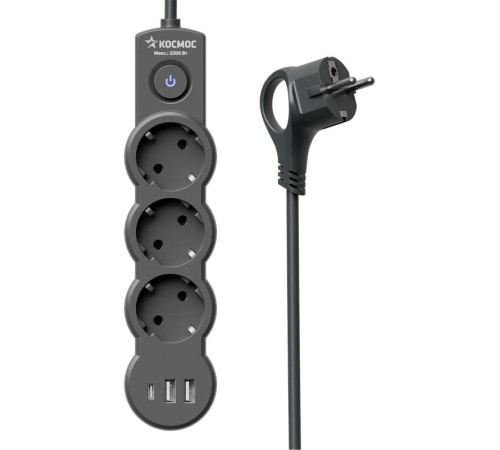 Удлинитель 3х5м с заземл. 10А IP20 USB 2800Вт 220В ПВС 3х1 с выкл. черн. КОСМОС YKsm5m3g-Z-VU10А-B