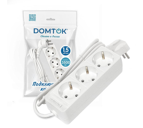 Удлинитель 3х1.5м с заземл. 16А IP20 3.5кВт ПВС 3х1 бел. DOMTOK 2389