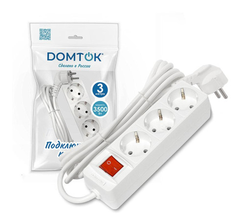 Удлинитель 3х3м с заземл. 16А IP20 3.5кВт ПВС 3х1 с выкл. бел. DOMTOK 2381