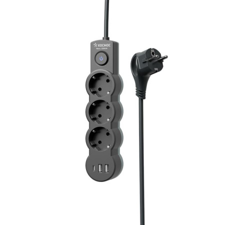 Удлинитель 3х1.5м с заземл. 10А IP20 USB 2800Вт 220В ПВС 3х1 с выкл. черн. КОСМОС YKsm1.5m3g-Z-VU10А-B