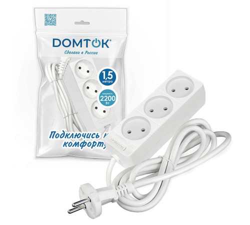 Удлинитель 3х1.5м без заземл. 10А IP20 2.2кВт ПВС 2х1 бел. DOMTOK 2349