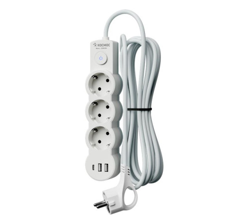 Удлинитель 3х1.5м с заземл. 10А IP20 USB 2800Вт 220В ПВС 3х1 с выкл. бел. КОСМОС YKsm1.5m3g-Z-VU10А-W