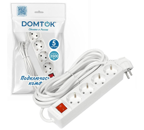 Удлинитель 4х5м с заземл. 16А IP20 3х1 с выкл. бел. DOMTOK 2500