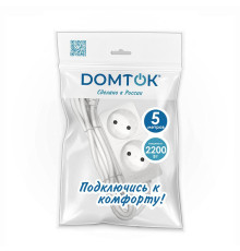 Удлинитель 2х5м без заземл. 10А IP20 2.2кВт ПВС 2х1 бел. DOMTOK 2347