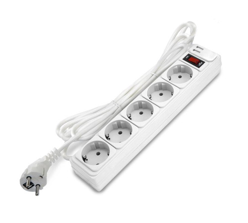 Удлинитель с сетевым фильтром 5х5м с заземл 10А 2.2кВт IP20 2хUSB ПВС 3х1 с выкл. бел. DOMTOK 2566