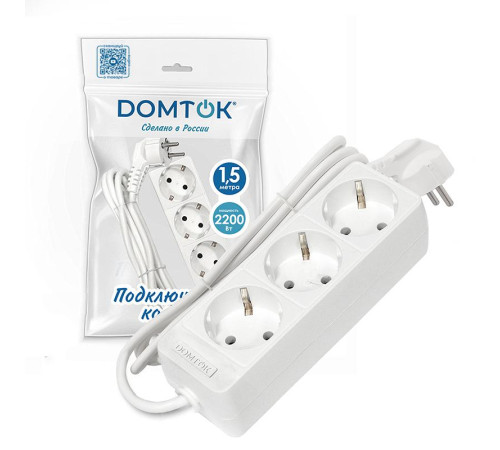 Удлинитель 3х1.5м с заземл. 10А IP20 2.2кВт ПВС 3х0.75 бел. DOMTOK 2373