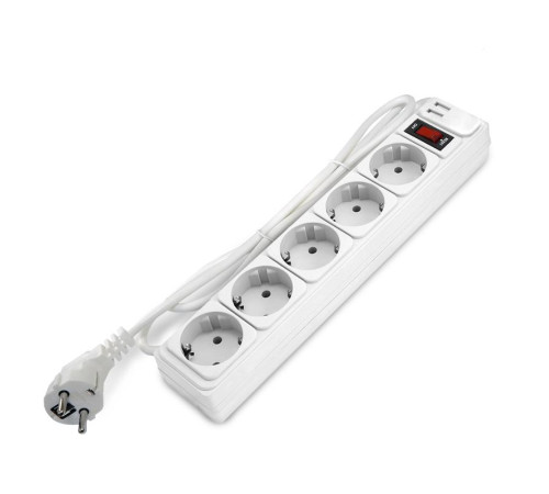 Удлинитель с сетевым фильтром 5х1.8м с заземл 10А 2.2кВт IP20 2хUSB ПВС 3х1 с выкл. бел. DOMTOK 2564