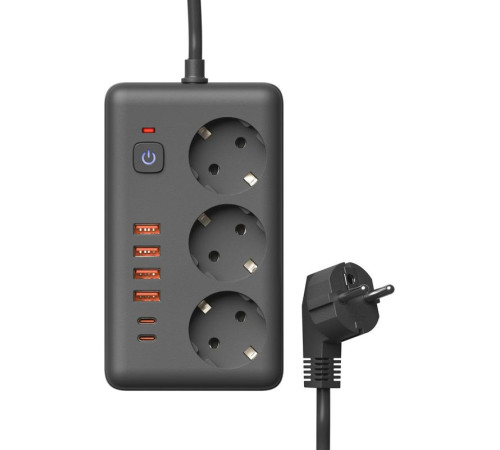 Удлинитель с сетевым фильтром 3х5м 10А 4USB + 2USBC 2500Вт ПВС 3х1 прямоуг. черн. КОСМОС FKsmPR-5m-3g(B)USB