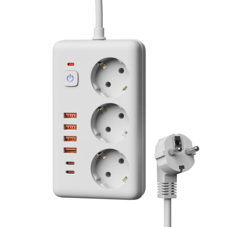Удлинитель с сетевым фильтром 3х5м 10А 4USB + 2USBC 2500Вт ПВС 3х1 прямоуг. бел. КОСМОС FKsmPR-5m-3g(W)USB