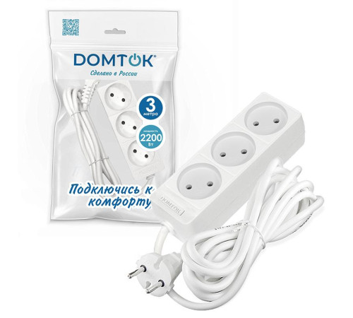 Удлинитель 3х3м без заземл. 10А IP20 2.2кВт ПВС 2х1 бел. DOMTOK 2351
