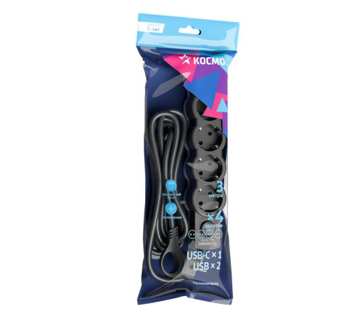 Удлинитель 3х3м с заземл. 10А IP20 USB 2500Вт 220В ПВС 3х1 с выкл. черн. КОСМОС YKsm3m4g-Z-VU10А-B