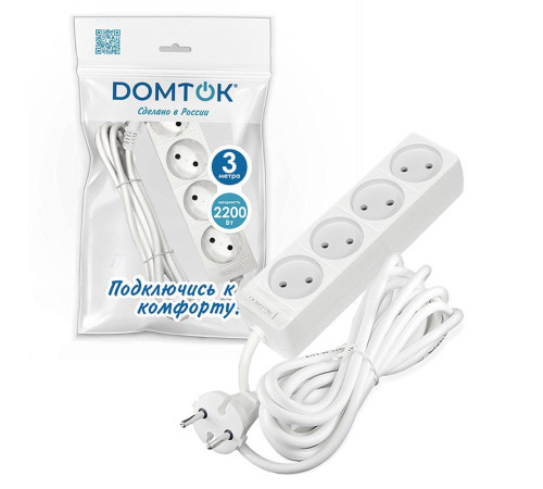 Удлинитель 4х3м без заземл. 10А IP20 2.2кВт ПВС 2х1 бел. DOMTOK 2356