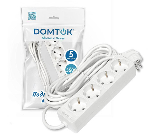 Удлинитель 4х5м с заземл. 16А IP20 3.5кВт ПВС 3х1 бел. DOMTOK 2397