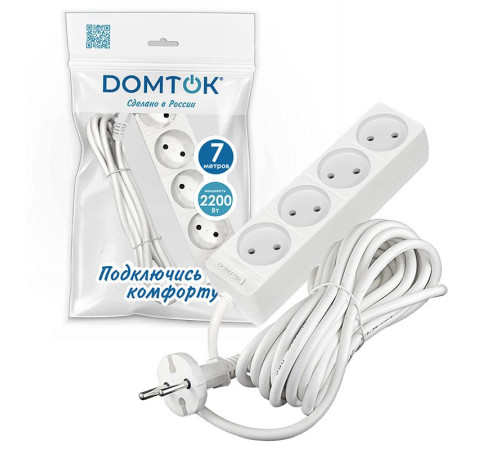 Удлинитель 4х7м без заземл. 10А IP20 2.2кВт ПВС 2х1 бел. DOMTOK 2358
