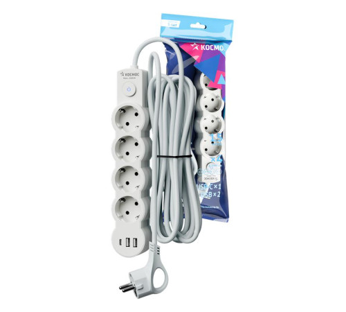 Удлинитель 3х1.5м с заземл. 10А IP20 USB 2500Вт 220В ПВС 3х1 с выкл. бел. КОСМОС YKsm1.5m4g-Z-VU10А-W
