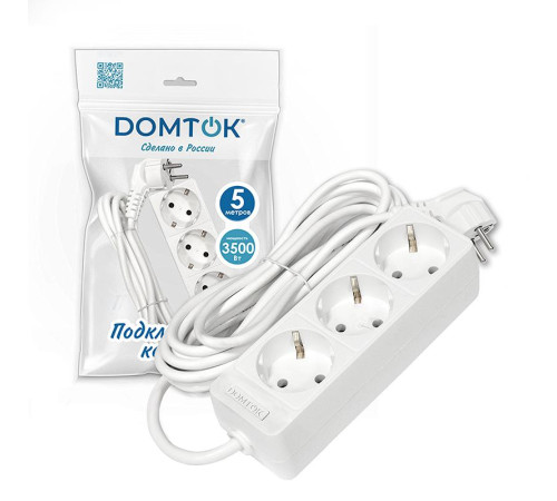 Удлинитель 3х5м с заземл. 16А IP20 3.5кВт ПВС 3х1 бел. DOMTOK 2392