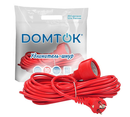 Удлинитель-шнур 1х10м с заземл. 16А IP20 3.5кВт ПВС 3х1.5 DOMTOK 2496