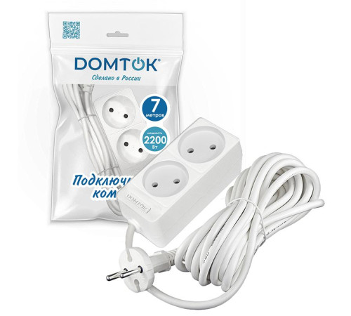 Удлинитель 2х7м без заземл. 10А IP20 2.2кВт ПВС 2х1 бел. DOMTOK 2348