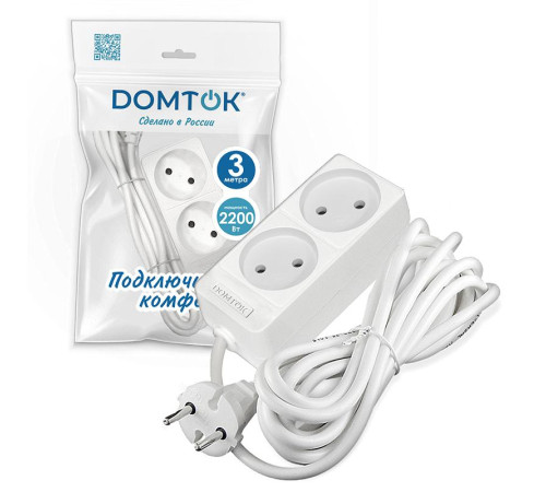 Удлинитель 2х3м без заземл. 10А IP20 2.2кВт ПВС 2х1 бел. DOMTOK 2346