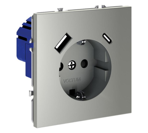 Розетка 1-м СП S70 16А с USB A+С с заземл. защ. шторки механизм сталь Voltum VLS040505