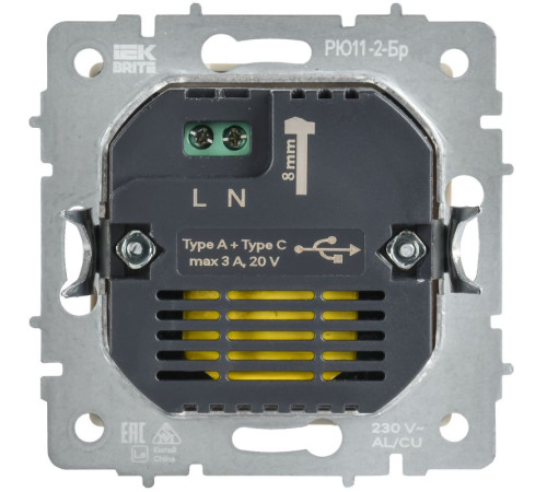 Розетка СП BRITE РЮ11-2-БрАБ USB A+C 45Вт высокоскор. заряд. арктич. бел. IEK BR-U22-045-K91