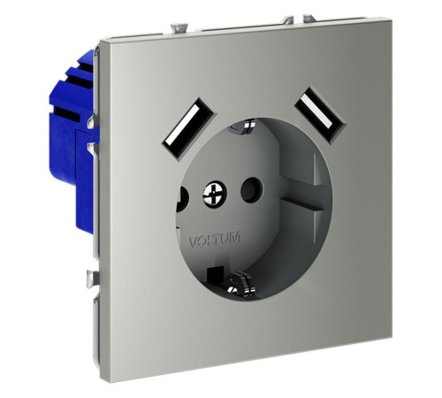Розетка 1-м СП S70 16А с USB A+A с заземл. защ. шторки механизм сталь Voltum VLS040405