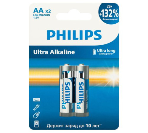 Элемент питания алкалиновый AA/LR6 1.5В Ultra (уп.2шт) Philips Б0064675