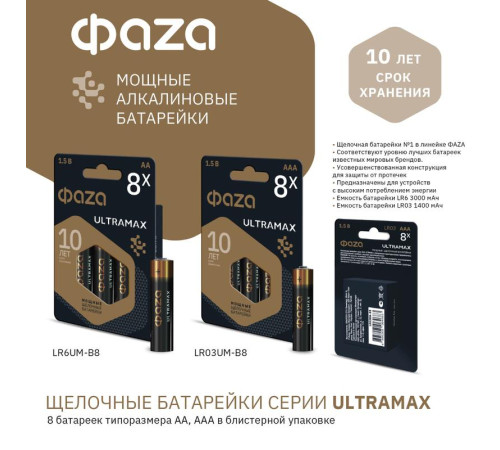 Элемент питания алкалиновый AAA/LR03 1.5В ULTRAMAX BL-8 (уп.8шт) ФАZА 5064683
