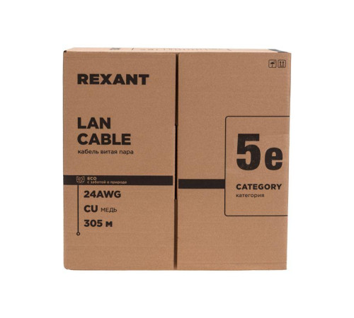 Кабель витая пара U/UTP кат.5E 4х2х0.52 24AWG PVC INDOOR SOLID сер. РФ (305м) Rexant 02-0005-R