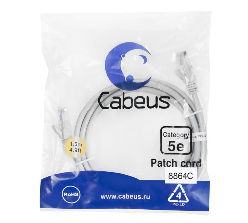 Патч-корд кат.5E U/UTP неэкранир. 2хRJ45/8p8c LSZH PC-UTP-RJ45-Cat.5e-1.5m-LSZH 1.5м сер. Cabeus 8864c