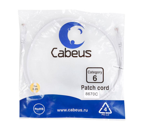 Патч-корд U/UTP кат.6 2xRJ45/8p8c неэкранир. PVC 1м бел. Cabeus 8670c